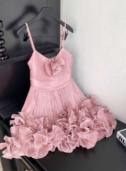 Sweet Suspender Pleated Three-dimensional Flower Ruffle Pink Birthday Skirt Homecoming Dress