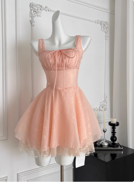 Sweet Suspender Square Neck Tie Mesh Puffy Birthday Skirt Homecoming Dress