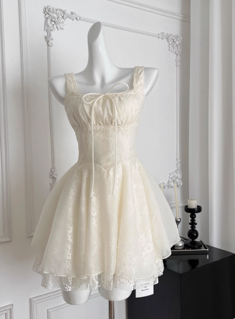 Sweet Suspender Square Neck Tie Mesh Puffy Birthday Skirt Homecoming Dress