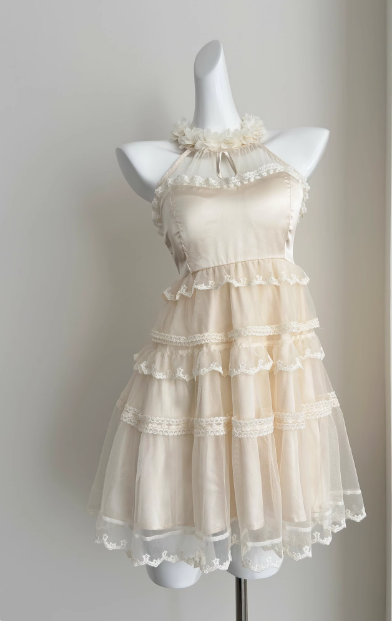 Sweet Three-dimensional Flower Halter Neck Strap Sleeveless Lace Splicing Mesh Cake Birthday Skirt Homecoming Dress