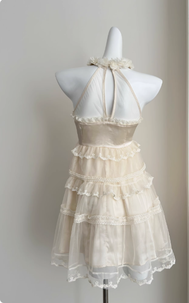 Sweet Three-dimensional Flower Halter Neck Strap Sleeveless Lace Splicing Mesh Cake Birthday Skirt Homecoming Dress