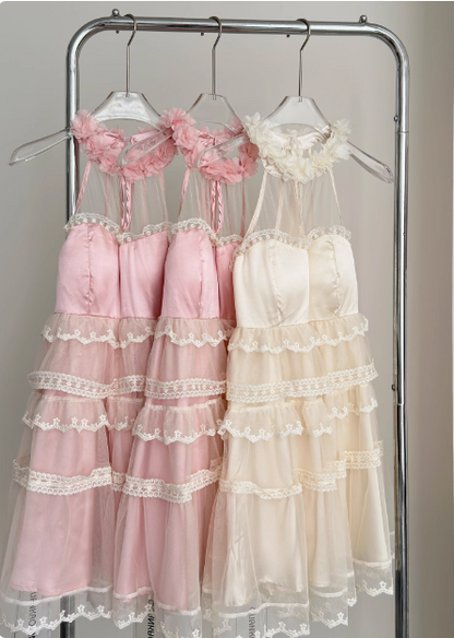Sweet Three-dimensional Flower Halter Neck Strap Sleeveless Lace Splicing Mesh Cake Birthday Skirt Homecoming Dress