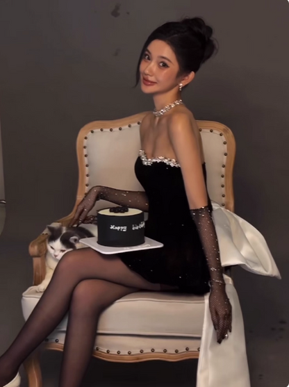 Sweet Tube Top Black Velvet Bow 19th Birthday Homecoming Dress