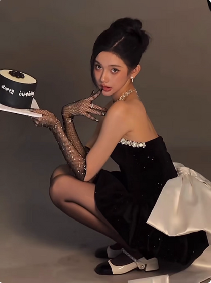 Sweet Tube Top Black Velvet Bow 19th Birthday Homecoming Dress