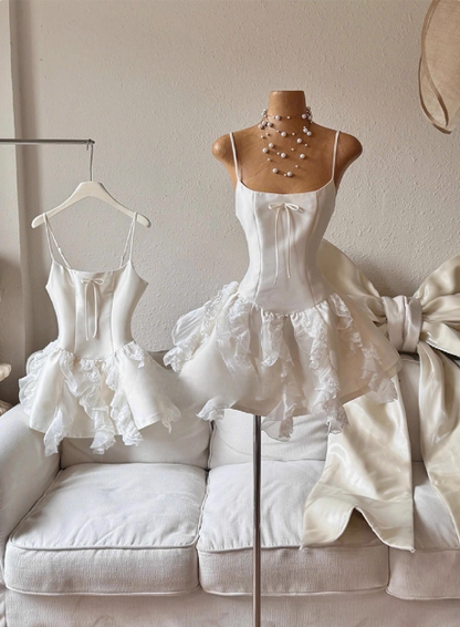 Sweet White Bow Satin Lace Ruffled 17th Birthday Homecoming Dress