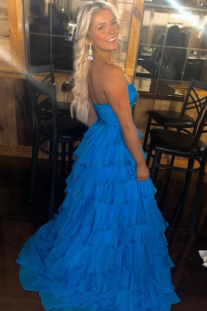 Sweetheart Blue Chiffon Tiered A-line Formal Gown