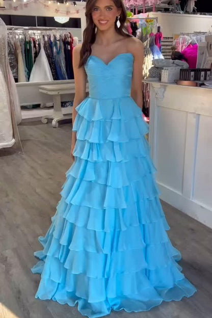 Sweetheart Blue Chiffon Tiered A-line Formal Gown