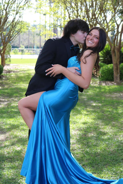 Sweetheart Blue Lace and Satin Fitted Formal Dress