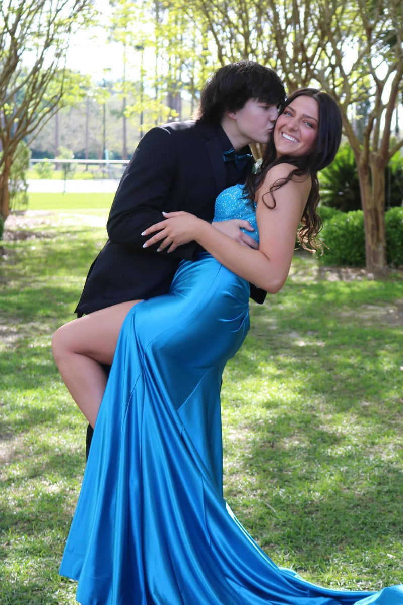 Sweetheart Blue Lace and Satin Fitted Formal Dress