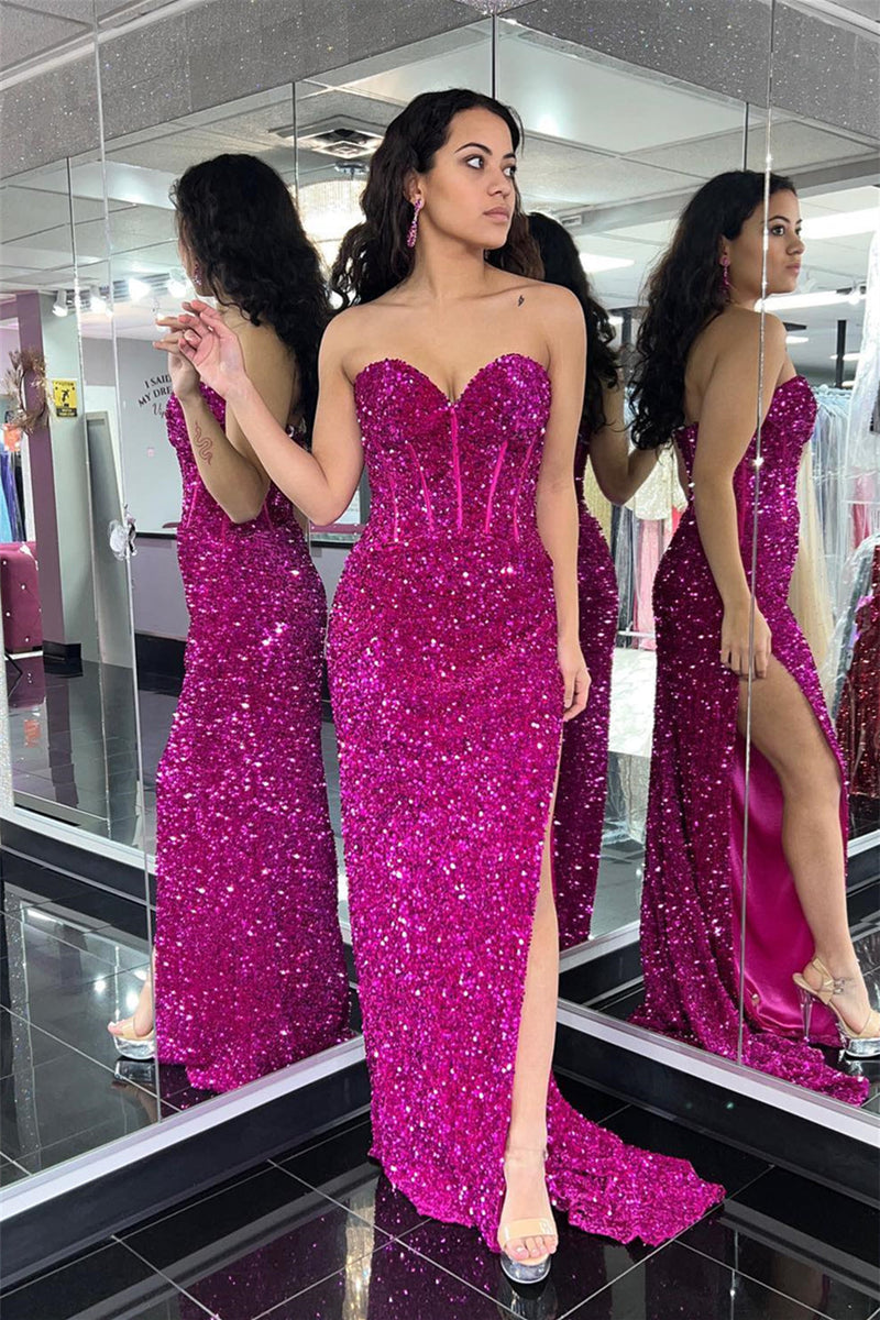 Sweetheart Fuchsia Sequin Mermaid Long Prom Dress with Slit