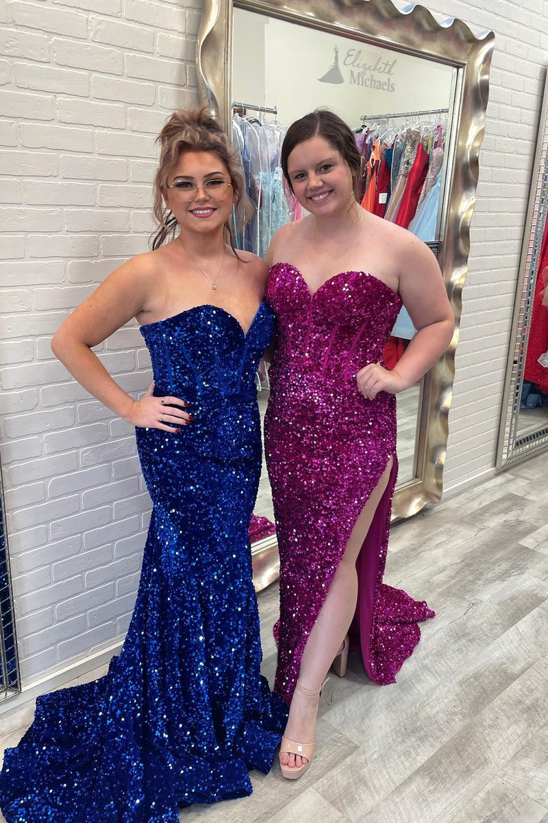 Sweetheart Fuchsia Sequin Mermaid Long Prom Dress with Slit