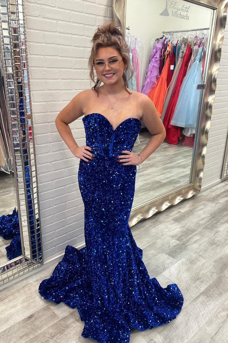 Sweetheart Fuchsia Sequin Mermaid Long Prom Dress with Slit
