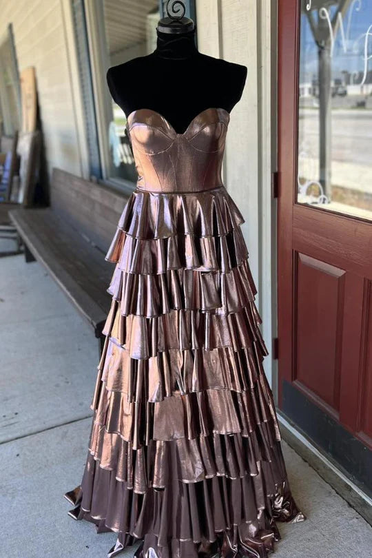 Sweetheart Gold A-line Tiered Ruffle Long Formal Dress