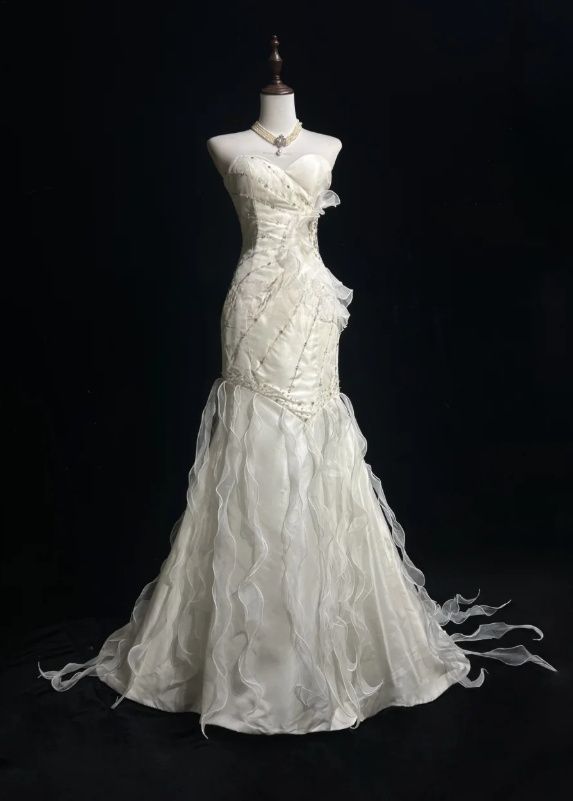 Sweetheart Mermaid Satinn Ruffle Beaded Long Prom Dress,Wedding Dress,Evening Dress