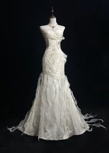 Sweetheart Mermaid Satinn Ruffle Beaded Long Prom Dress,Wedding Dress,Evening Dress