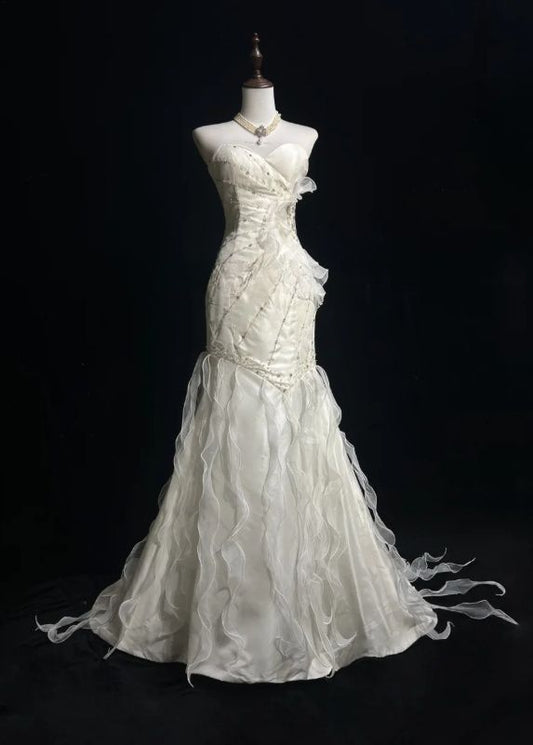 Sweetheart Mermaid Satinn Ruffle Beaded Long Prom Dress,Wedding Dress,Evening Dress
