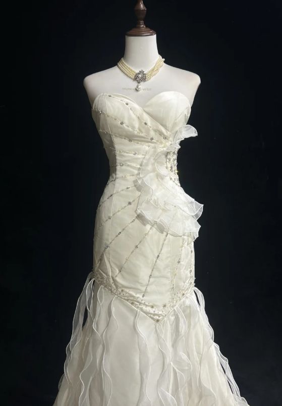 Sweetheart Mermaid Satinn Ruffle Beaded Long Prom Dress,Wedding Dress,Evening Dress
