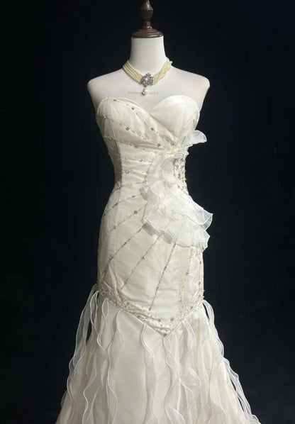 Sweetheart Mermaid Satinn Ruffle Beaded Long Prom Dress,Wedding Dress,Evening Dress