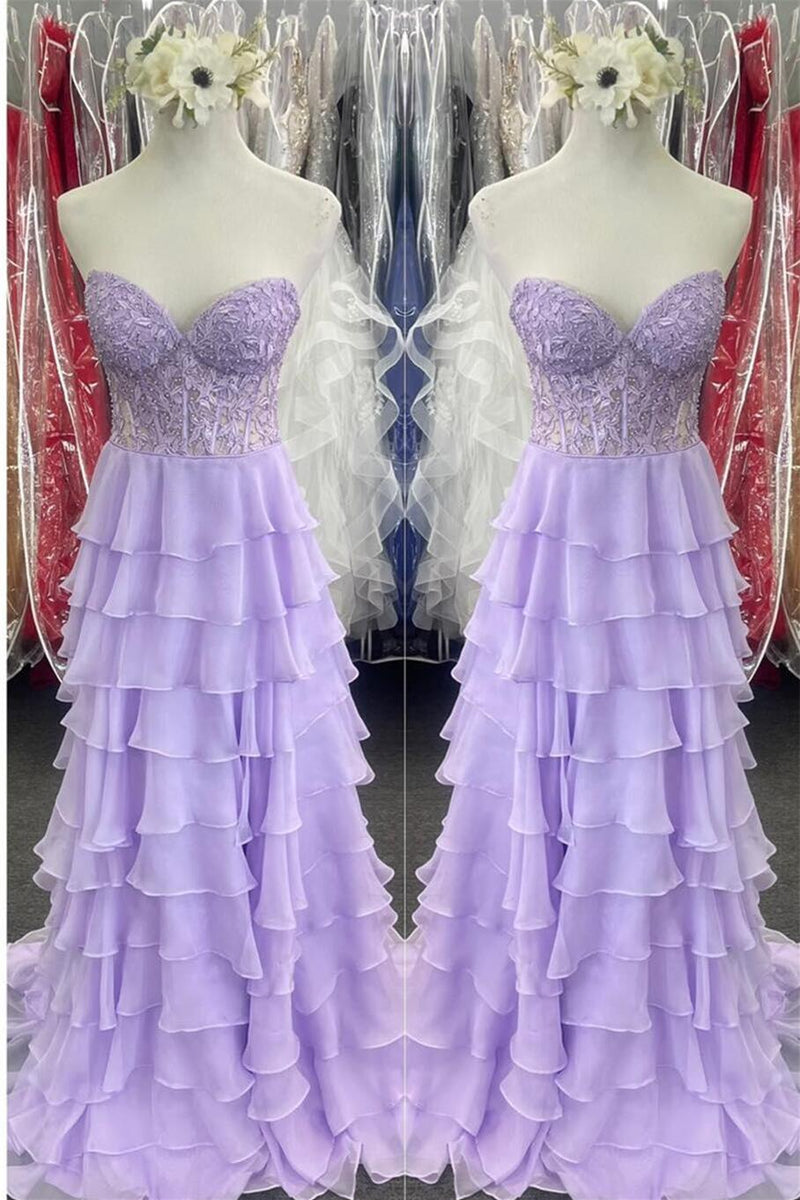 Sweetheart Yellow Lace Tiered Ruffle Prom Dress
