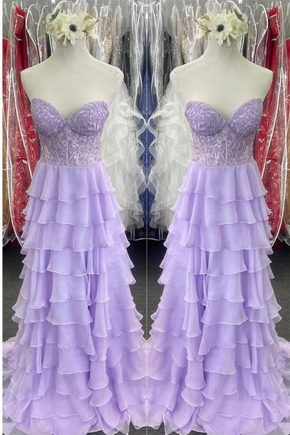 Sweetheart Yellow Lace Tiered Ruffle Prom Dress