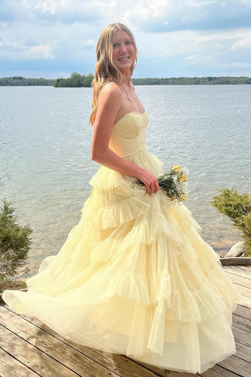 Sweetheart Yellow Ruffle A-lin Long Formal Dress
