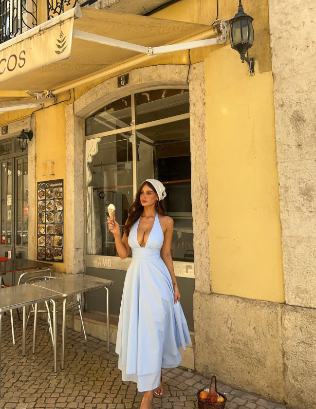 Sweety Baby Blue A Line Halter Satin Backless Prom Dress Outfits