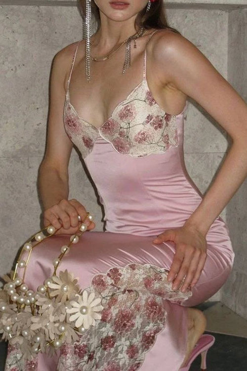 Sweety Sheath Spaghetti Straps Pink Tea Length Party Dress with Lace