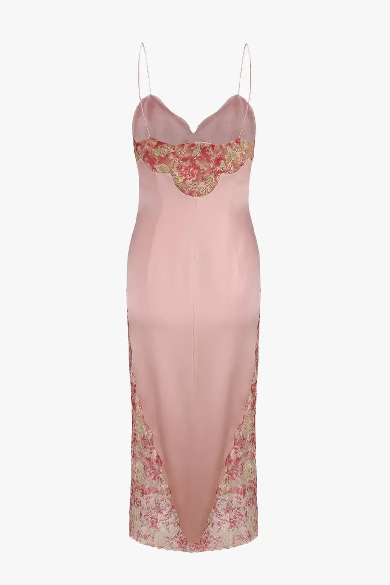 Sweety Sheath Spaghetti Straps Pink Tea Length Party Dress with Lace