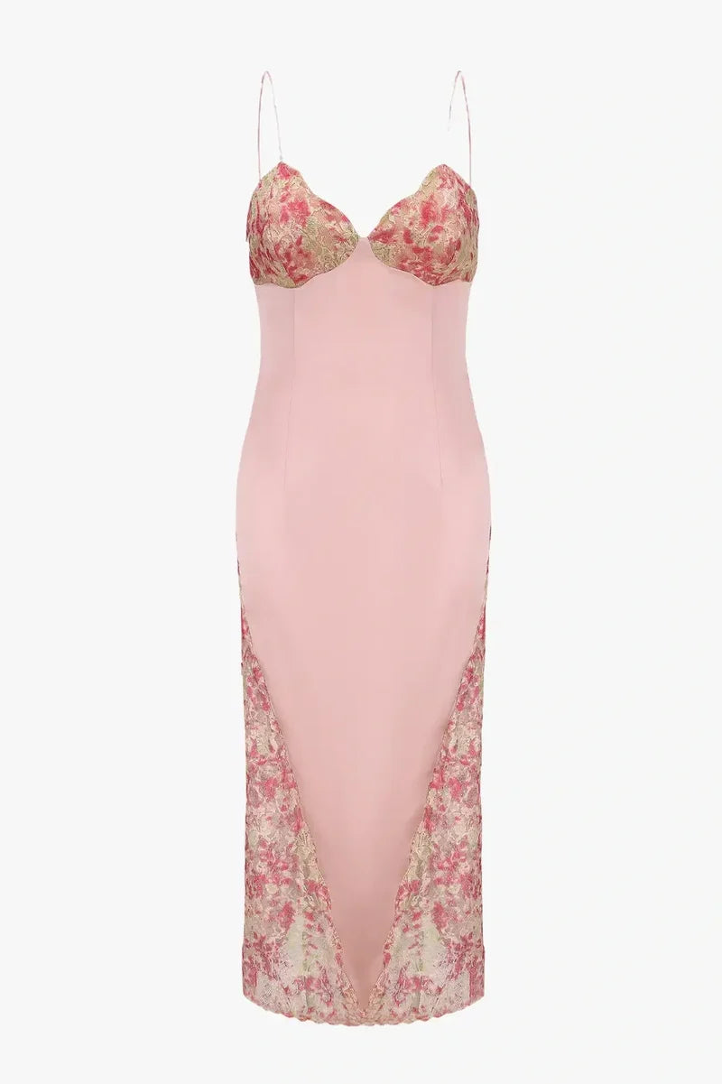 Sweety Sheath Spaghetti Straps Pink Tea Length Party Dress with Lace
