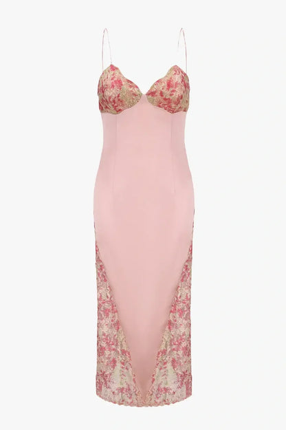Sweety Sheath Spaghetti Straps Pink Tea Length Party Dress with Lace