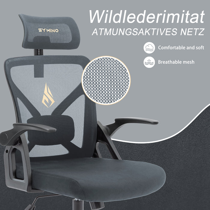 SYMINO  (Upgraded Version) Faux Fur & Mesh Office Chair with Swivel and Rocking Function - Grey