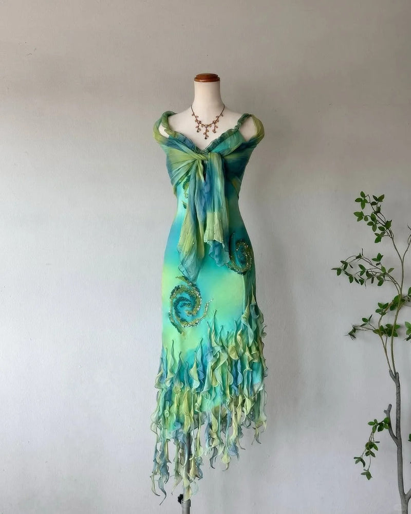 Teal Gradient Beaded Jellyfish Skirt Chiffon Homecoming Dress