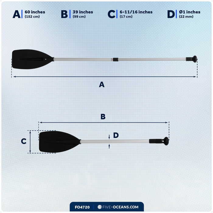 Telescoping Paddle 39" - 60", Round-Grip, Black, Aluminum - FO4720 - Five Oceans