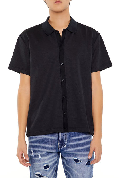 Textured Rib-Knit Button-Front Shirt
