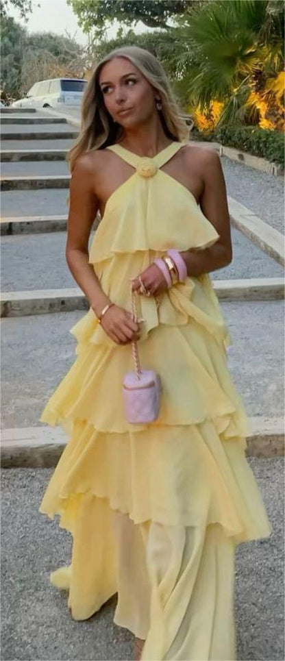 Tiered Chiffon Maxi Gown with Rosette Halter Neck