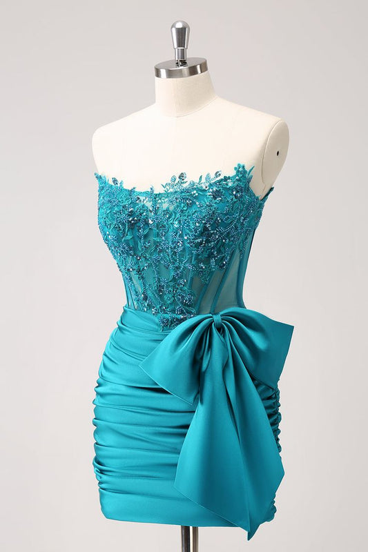 Tight Strapless Pleated Short Homecoming Dress with Bow