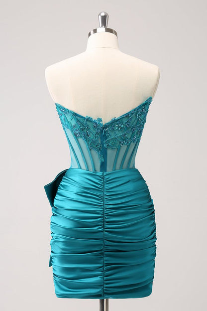 Tight Strapless Pleated Short Homecoming Dress with Bow
