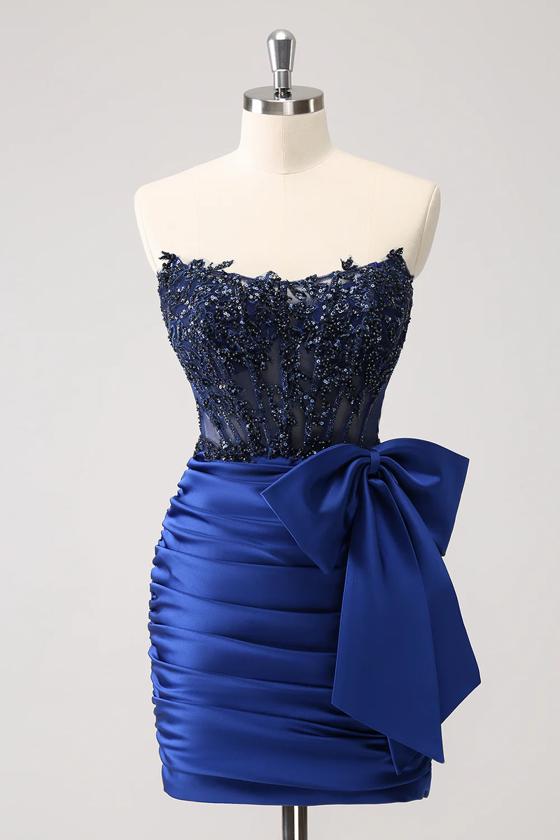 Tight Strapless Pleated Short Homecoming Dress with Bow