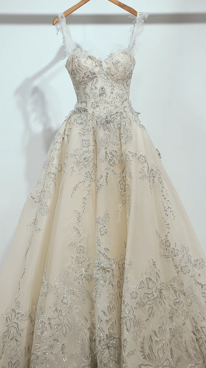 Timeless A-Line Long Wedding Dress Tulle Appliques Spaghetti Straps Champagne Bridal Dress Sleeveless Bridal Gown ED06597