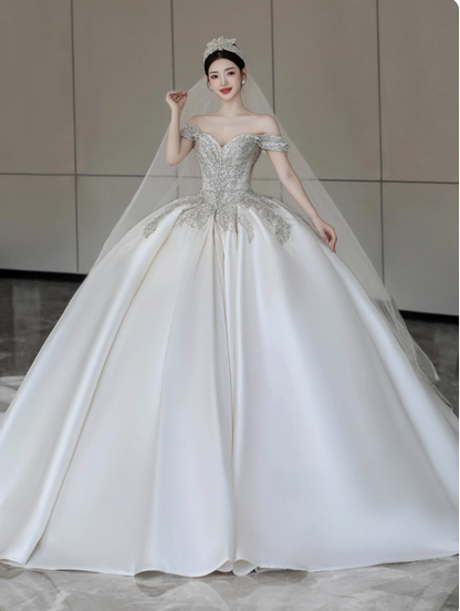 Timeless A-Line Long Wedding Dresses Off-shoulder White Bridal Gowns Beaded Satin Cups Sleeves Bridal Dresses