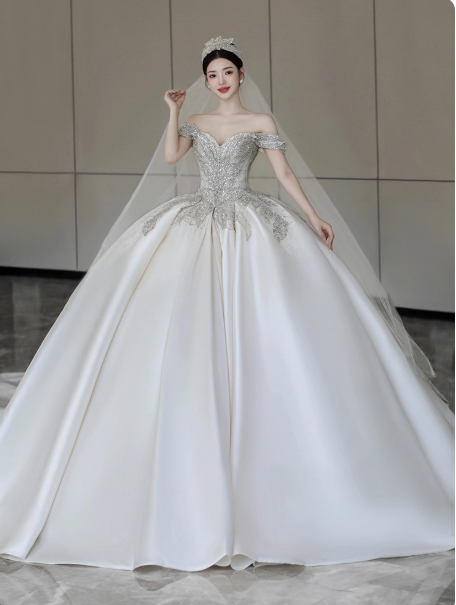 Timeless A-Line Long Wedding Dresses Off-shoulder White Bridal Gowns Beaded Satin Cups Sleeves Bridal Dresses