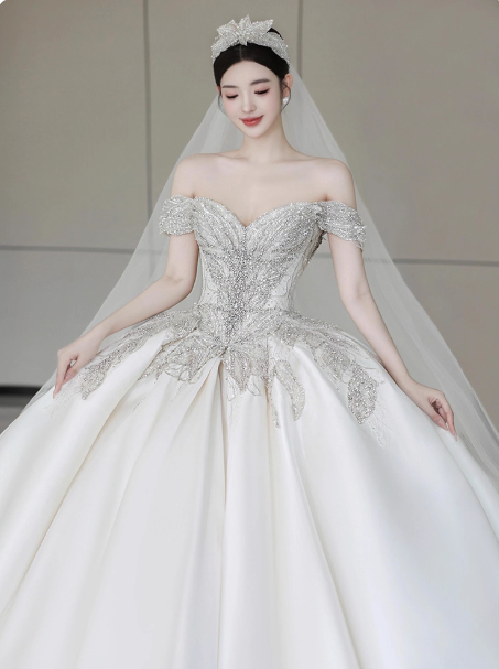 Timeless A-Line Long Wedding Dresses Off-shoulder White Bridal Gowns Beaded Satin Cups Sleeves Bridal Dresses