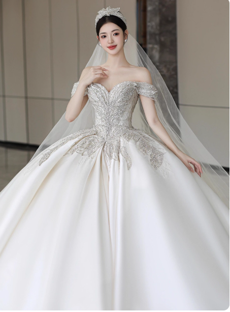 Timeless A-Line Long Wedding Dresses Off-shoulder White Bridal Gowns Beaded Satin Cups Sleeves Bridal Dresses