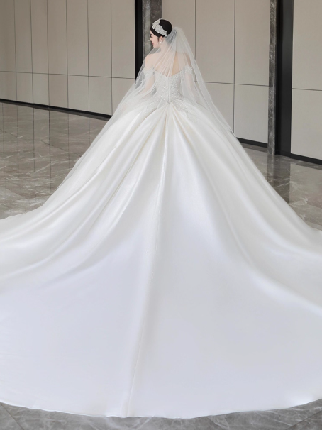 Timeless A-Line Long Wedding Dresses Off-shoulder White Bridal Gowns Beaded Satin Cups Sleeves Bridal Dresses