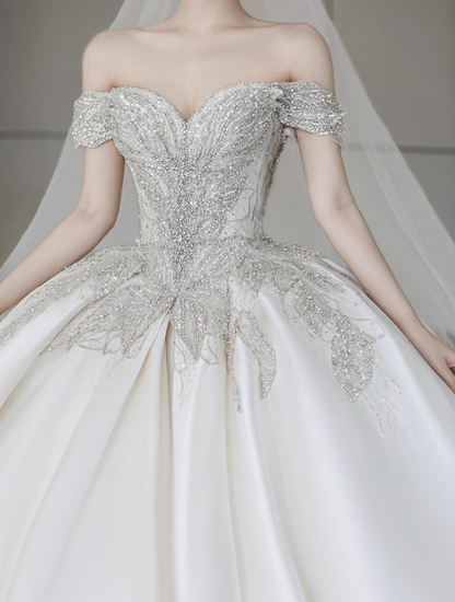 Timeless A-Line Long Wedding Dresses Off-shoulder White Bridal Gowns Beaded Satin Cups Sleeves Bridal Dresses