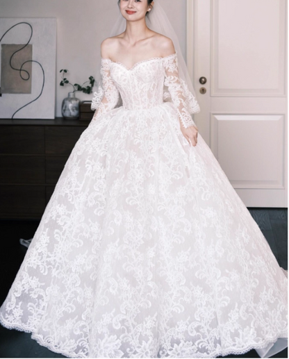 Timeless A-Line Long Wedding Dresses Off-shoulder White Bridal Gowns Lace Long Sleeves Bridal Dresses