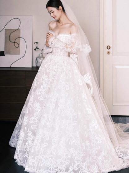 Timeless A-Line Long Wedding Dresses Off-shoulder White Bridal Gowns Lace Long Sleeves Bridal Dresses