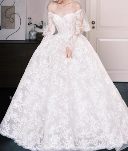 Timeless A-Line Long Wedding Dresses Off-shoulder White Bridal Gowns Lace Long Sleeves Bridal Dresses