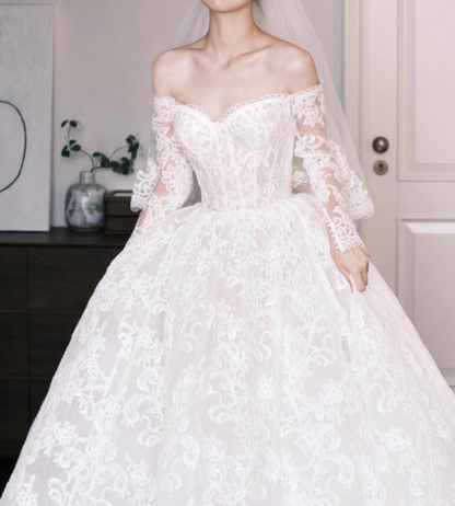Timeless A-Line Long Wedding Dresses Off-shoulder White Bridal Gowns Lace Long Sleeves Bridal Dresses