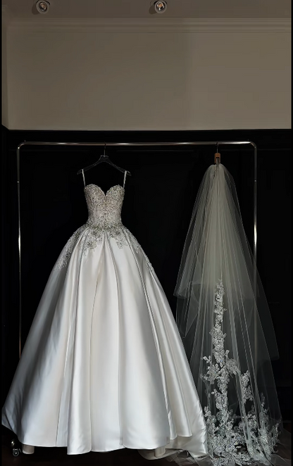 Timeless A-Line Long Wedding Dresses Satin Beaded White Bridal Gowns Sweetheart Sleeveless Bridal Dresses